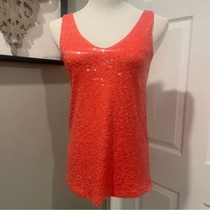Womens J Crew Sequined Tank Top S Coral Sleeveless Blouse V-Neck Orange